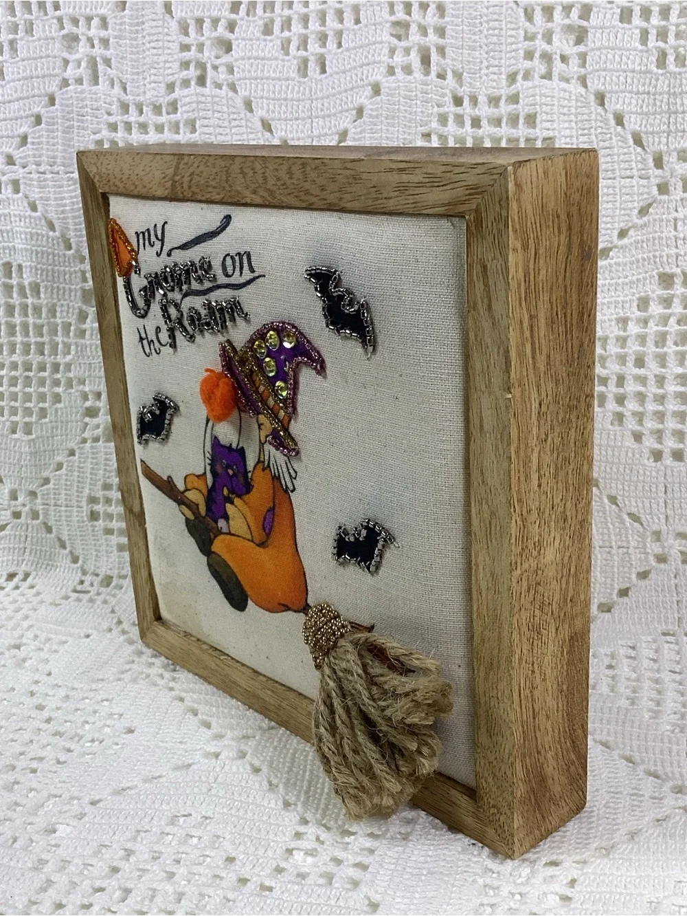 Halloween Gnome on Broom Decorative Wall Art - Orange